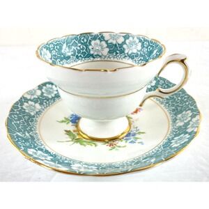 Vintage ROSINA Teal Floral Bone Porcelain Tea & Saucer Fine China England